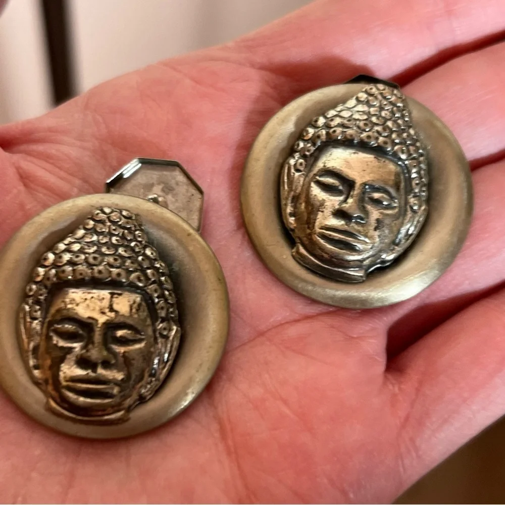 Vintage 1960 70 MCM Thailand Buddha Silver cosplay Oversized Art deco Cufflinks